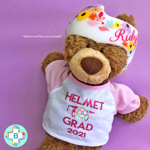 Baby Helmet Cranial Band Bear Graduation Shirt, Starband Doc Band Graduate Girl Teddy Bear Shirt- Pink Sleeves